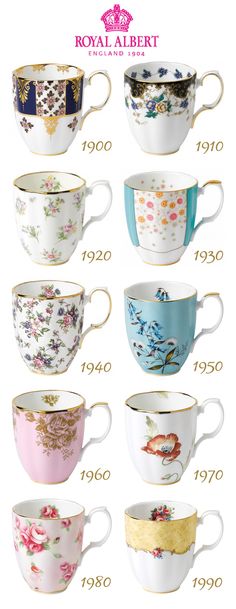 the royal albert tea cups and saucers are shown in different colors, sizes and designs