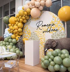 an elephant and zebra are standing in front of some balloons that read romantic wild one