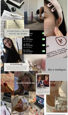 a collage of photos with text and pictures on it, including an image of a woman's face