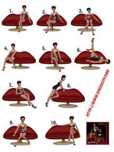 a woman is sitting on a bean bag chair and doing various poses for the camera