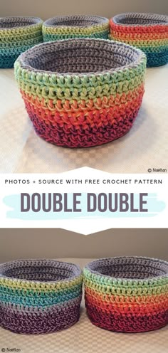 three crocheted bowls are shown with the text, double double in front and bottom