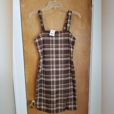 Just Polly, Medium, Brown Plaid, Nwt Brown Cotton Lined Dress, Fitted Brown Cotton Sundress, Brown Cotton Sundress, Polly Dress, Suspender Dress, Brown Plaid, Medium Brown, Womens Plaid, Above Knee