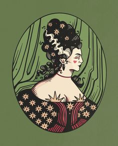 an illustration of a woman with black hair and flowers in her hair, looking to the side