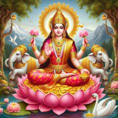 the hindu god sitting on top of a lotus in front of some water lilies