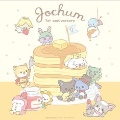 an image of a birthday card with cartoon animals on top of a stack of pancakes