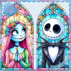 two stained glass windows with the faces of jack and sally from the nightmarely movie