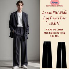 Men Wide Leg Pants Sewing Pattern, Pants Trousers PDF Sewing, Loose Fit Pants For Men, Wide Leg Men Jeans Pattern, Men Size: 36 to 56 S-4XL Standard Sizes ;36,38,40,42,44,46,48, 48, 50, 52, 54,56 These patterns are suitable for A0- A4, and US Letter size papers. As soon as your payment is processed, you will automatically receive download links for the pattern files. *PLEASE NOTE that you will only be able to download the files from a computer; they will not work on a phone or iPad.* This is a d Man Pants Pattern, Mens Wide Leg Pants Outfit, Wide Leg Pants Sewing Pattern, Men Wide Leg Pants, Mens Wide Leg Trousers, Sewing Pattern Pants, Mens Wide Leg Pants, Dress Pants For Men, Copenhagen Wedding