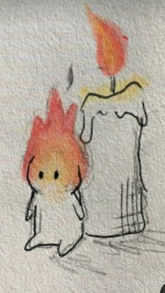 a drawing of a person holding a lit candle in front of a fire hydrant