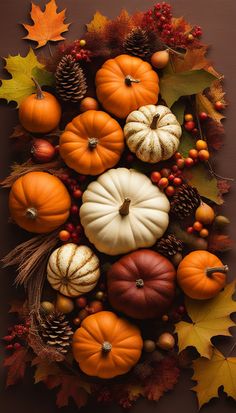 an arrangement of pumpkins, gourds and autumn leaves on a brown background