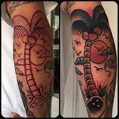 two different images of a man's arm with tattoos on it and an image of a lifeguard tower