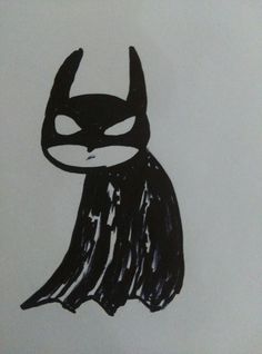 a black and white drawing of a cat with horns on it's head, wearing a batman mask