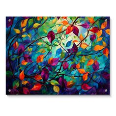 an abstract painting with colorful leaves on it