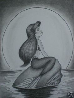 a drawing of a mermaid sitting on top of a rock in the ocean under a full moon