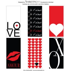 four different valentine's day bookmarks with hearts and love words on the pages