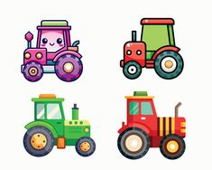 four farm vehicles are shown in different colors