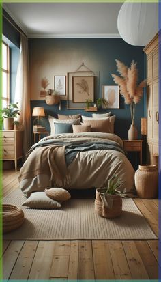 a bed room with a neatly made bed and two planters on the side of the bed