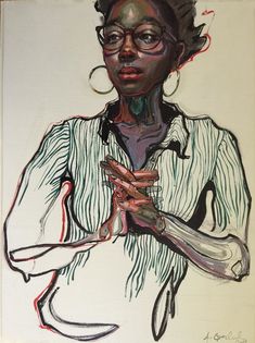 a drawing of a woman wearing glasses and holding her hands together in front of her chest