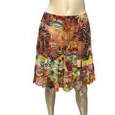 Vintage Jams World Skirt Ruffle Tiered Colorful Hawaii Guava Print Pull On Sz L Casual Printed Cotton Skirt, Casual Mini Skirt For Beach Season, Bohemian Skirt With Tropical Print For Vacation, Casual Printed Beach Skirt, Casual Printed Skirt For Beach, Casual Printed Skirt For The Beach, Casual Patterned Skirt, Multicolor Mixed Print Skirt For Summer, Casual Multicolor Printed Skirt