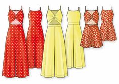 four dresses are shown in different colors and patterns, one is yellow, the other red