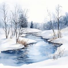 a watercolor painting of a stream in the winter with snow on the ground and trees