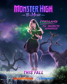 the poster for monster high, featuring a girl in a green dress holding a book