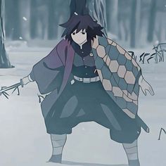 an anime character in the snow with his coat over his shoulders and hands on his hips