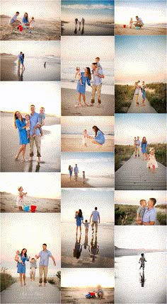 a collage of people standing on the beach