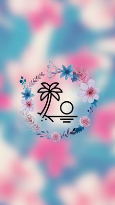 an abstract photo with flowers and palm trees in the center on a blue pink and white background