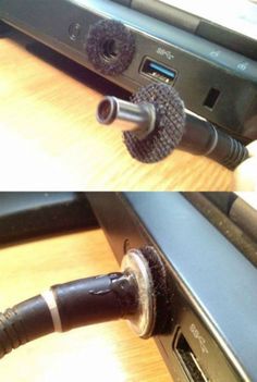 two pictures of an old microphone on top of a laptop computer, and the same one with it's cord removed