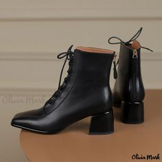 Olivia Mark - Stylish Retro Short Boots with Chunky Heels, Lace-up Design, and Zipper Closure Cow Hide Shoes, Artist Reference, Clothing Reference, Rough Heels, Square Toe Shoes, Chunky Heel Ankle Boots, Square Toe Sandals, Short Heels, Fall Inspiration