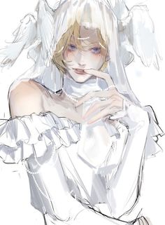 a drawing of a woman dressed in white with angel wings on her head and hands over her chest