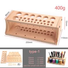 the wooden tool holder has holes in it and is labeled with different types of tools