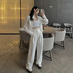 Product information: Pattern: plain Sleeve length: long sleeve Wearing style: cardigan Packing list: 1X suit White Pants Outfit, Outfit Korean Style, Wide Leg Pant Suit, Outfit Korean, Wearing Style, All White Outfit, Pants Suit, Style Cardigan, Short Coat