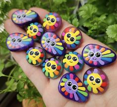 a hand holding some colorful rocks with eyes on them and plants in the back ground