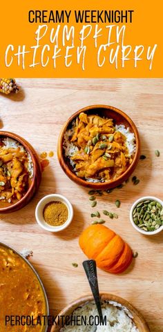 creamy weeknight chicken curry with pumpkins and white rice in bowls on a wooden table