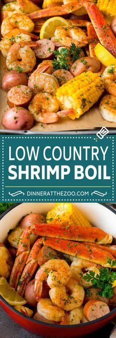 low country shrimp boil in a red bowl with lemons and parsley on the side