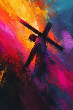 a painting of a person carrying a cross on their back with bright colors in the background