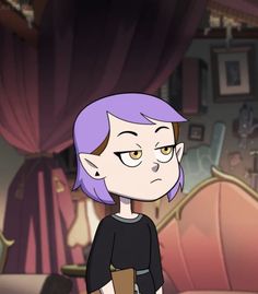 a cartoon character with purple hair standing in front of a couch and looking at the camera