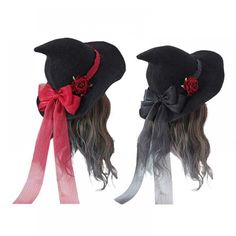 two black hats with red ribbons tied to the front and back of them, one has a bow on it