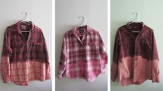 three pictures of shirts hanging on the wall, one in pink and one in red