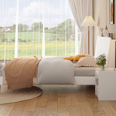 a bed room with a neatly made bed next to a window and a rug on the floor