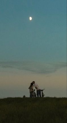 two people standing on top of a lush green field under a moon filled blue sky