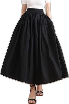 Voluminous Pleated Skirt With Elastic Waistband, Casual Maxi Skirt With Gathered Waist And Relaxed Fit, Casual Voluminous Pleated Skirt With Elastic Waistband, Black Voluminous Skirt With Elastic Waistband, Spring Long Skirt With Gathered Waist, Spring Black Cotton Skirt, Black Pleated Relaxed Fit Skirt, Baggy Black Skirt For Spring, Black High Waist Pleated Skirt For Summer