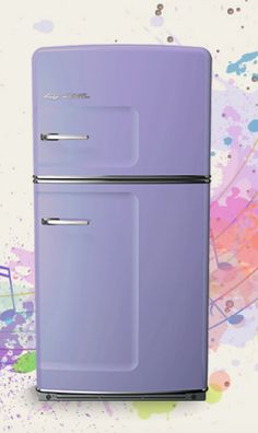 a purple refrigerator freezer sitting on top of a white counter next to colorful paint splatters