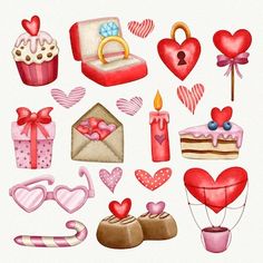 watercolor valentine's day clipart set with hearts, gifts and other items