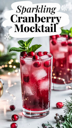 sparkling cranberry mocko cocktail with ice and mint garnish