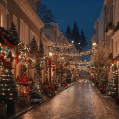 an empty street is decorated for christmas with lights and garlands on the trees in front of buildings