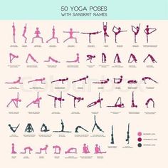 yoga poses and their names in pink on a light blue background with the words 50 yoga poses