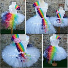 four different pictures of a tutu dress with rainbows on it