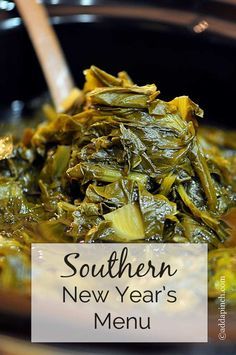 there is a collage of pictures with different foods in the same photo and text that reads southern new year's menu